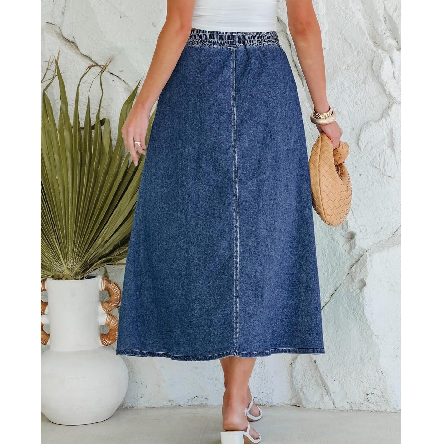 Womens Solid-Color Casual Drawstring Washed Denim Skirt
