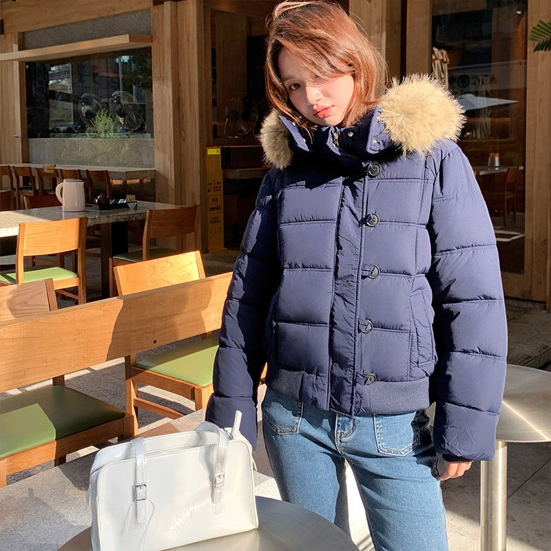 Winter Down Cotton Jacket Women's Short Big Fur Collar Hooded