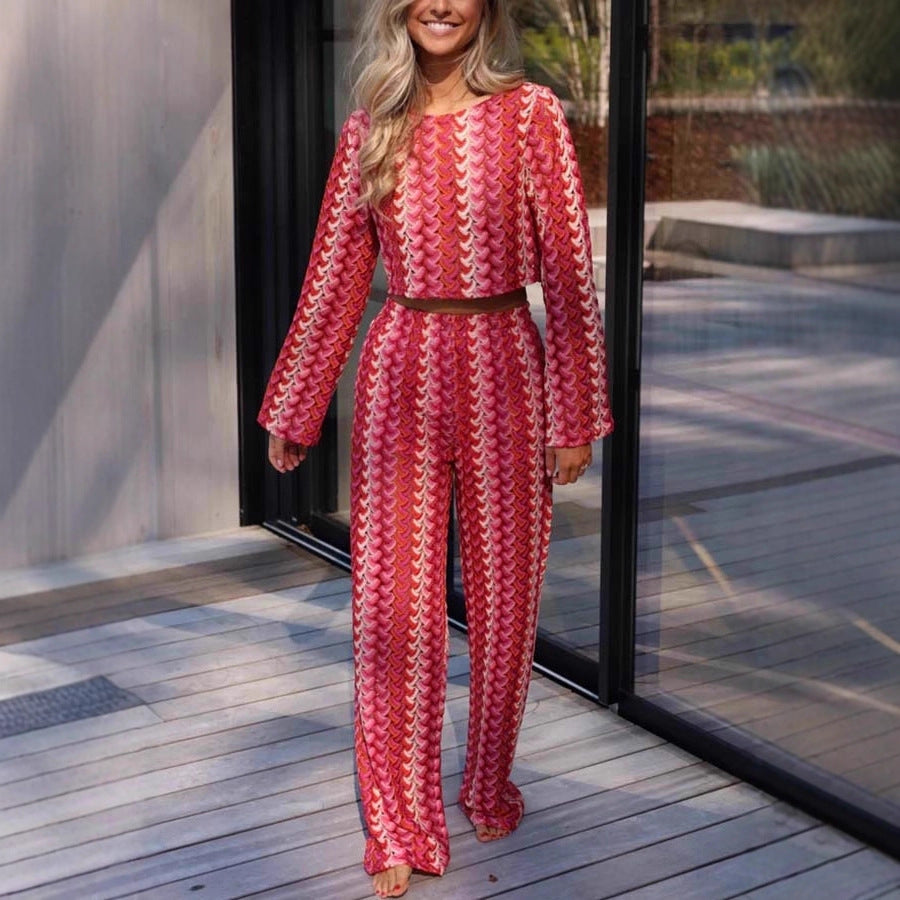 Women's Long-sleeved Trousers Round Neck Crocheted Knitted