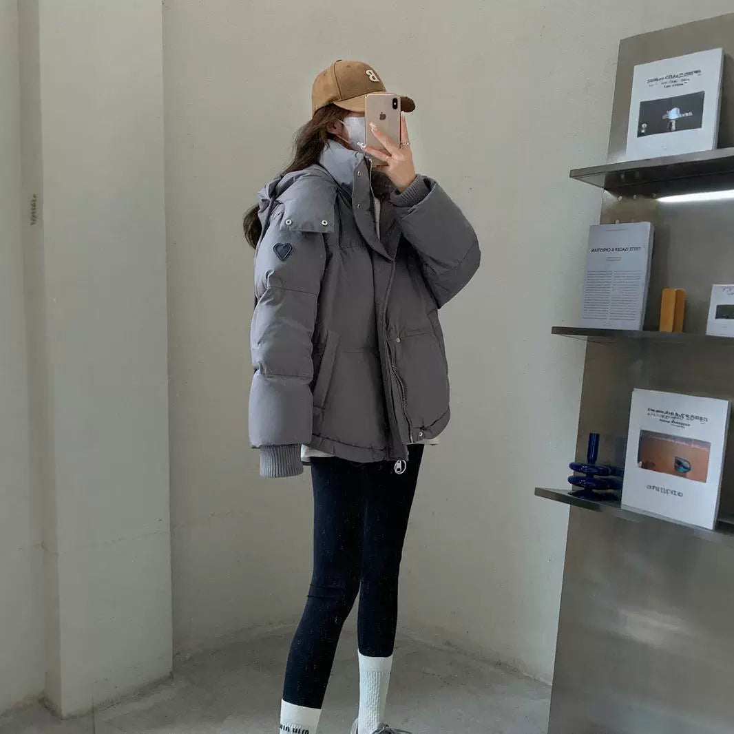 Gray With Heart Short Down Jacket Plus Size Women's Bread Coat