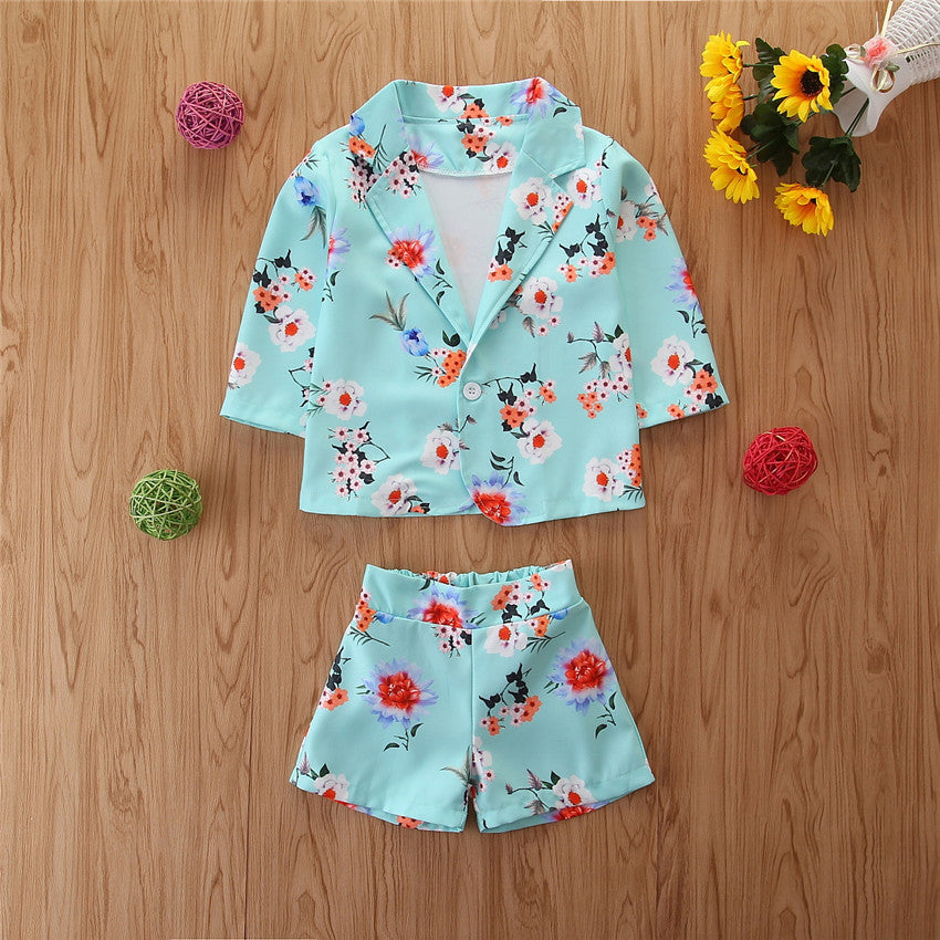 Girls Spring Western Style Suit Flower Suit Jacket And Shorts