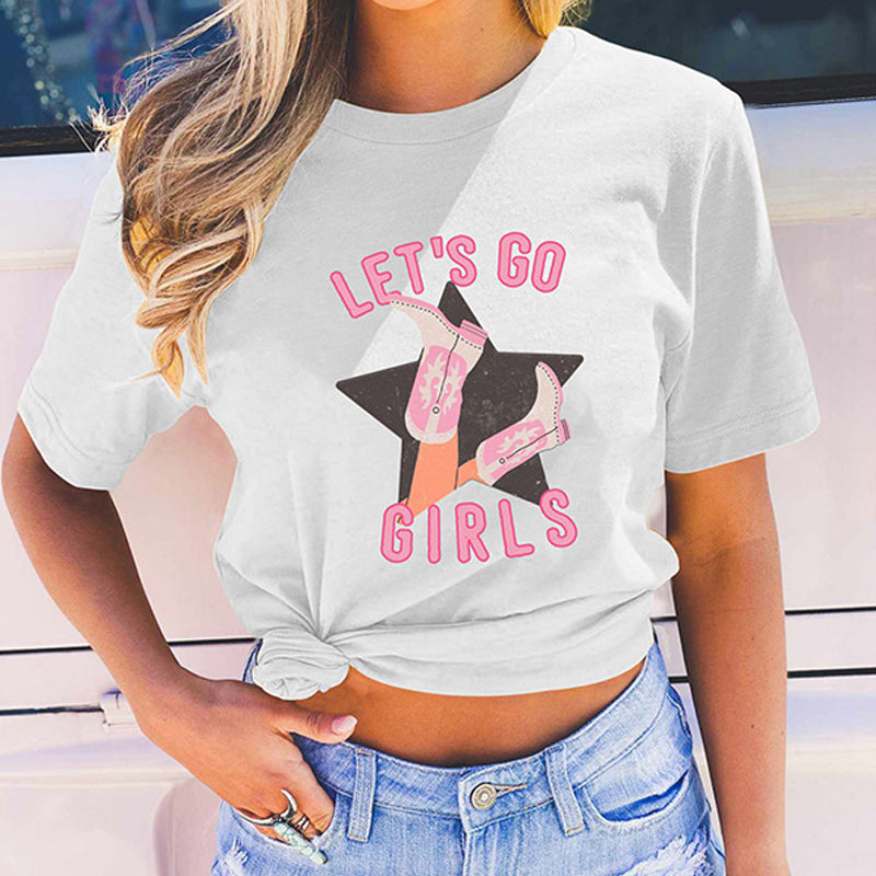 European And American Round Neck T-shirt 100 Cotton Denim Girl Boots Printing