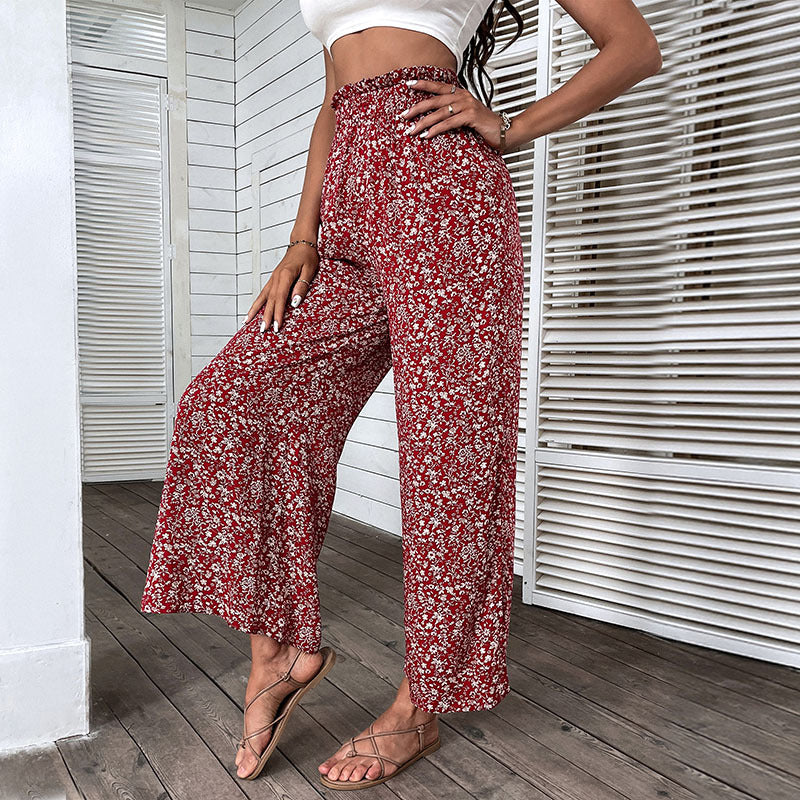 Retro Red For Women Pants Rayon High Waist Cropped Wide-leg Pants