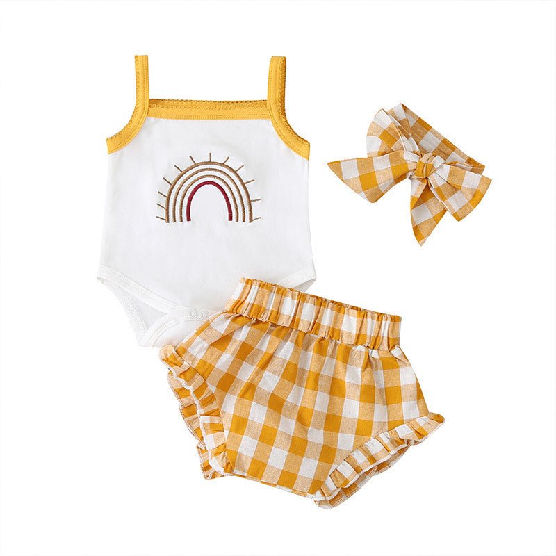 Fashion Three - Piece Baby Girl Sling Romper Plaid Shorts - Eshtree