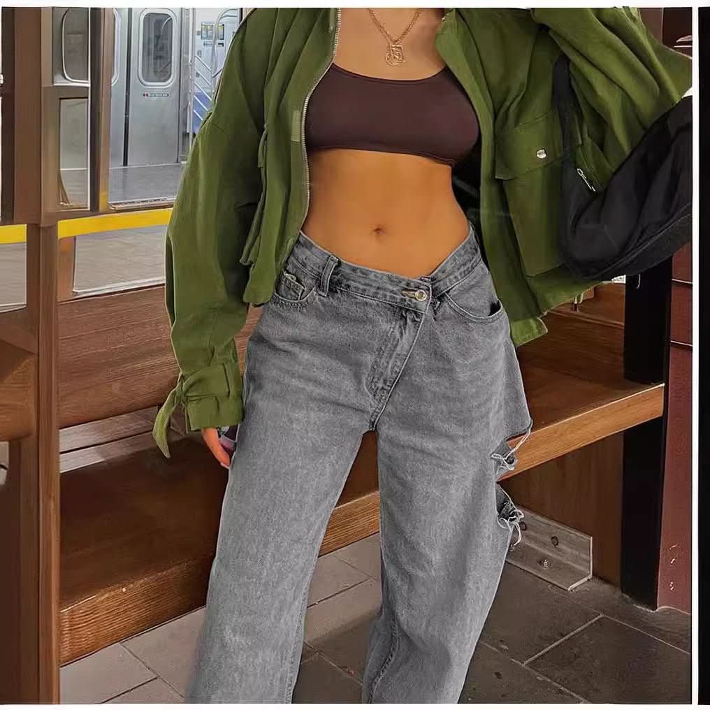 Fashionable Oblique Waist Low Waist Loose Hole Jeans For Women - Eshtree