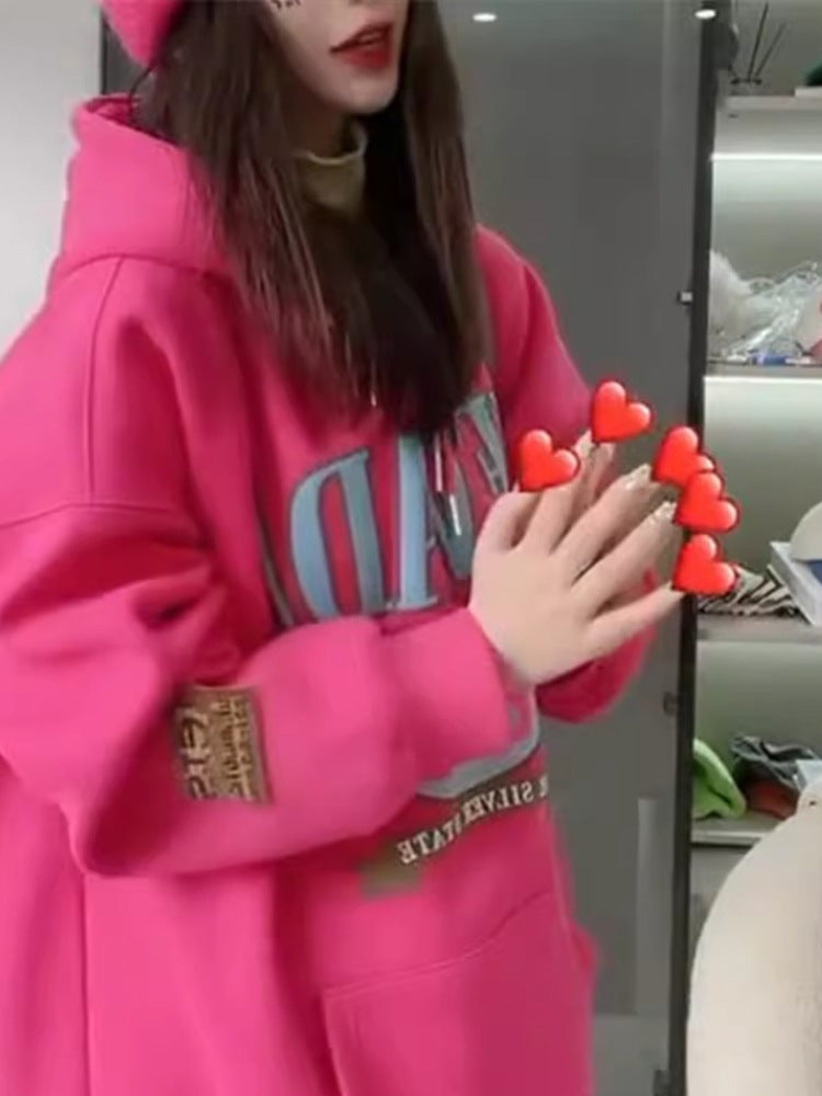 Fashionable Hooded Fleece-lined Loose-fitting Versatile Top