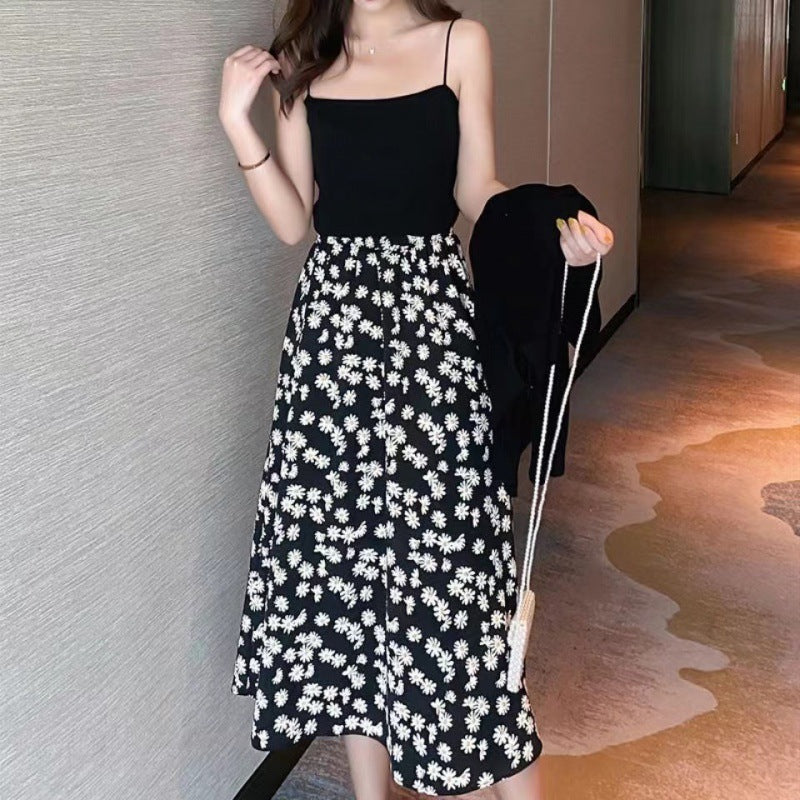 Womens Floral A-line Medium To Long Black Skirt