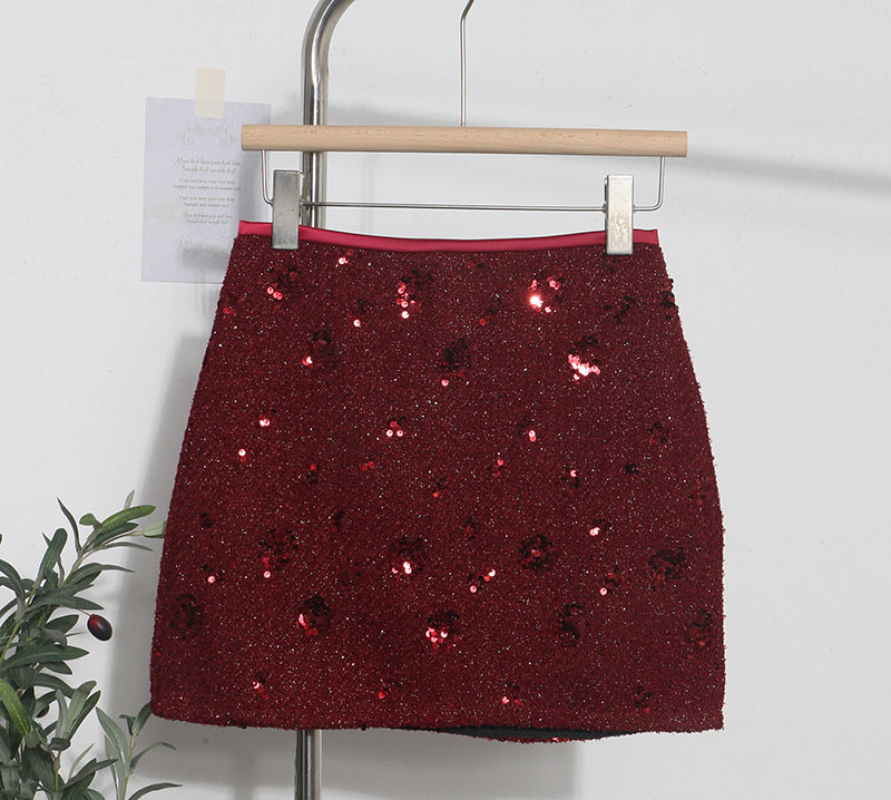 Sequined Red Skirt High Waist Slimming A- Line Sheath