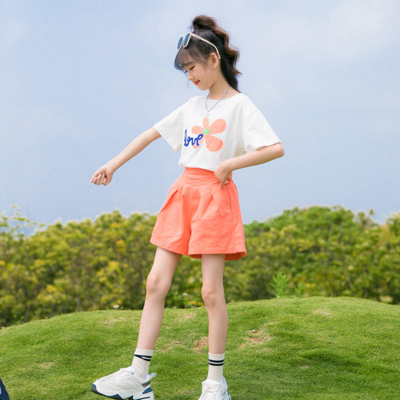 Girls Fashion Simple Short Sleeve Shorts Set