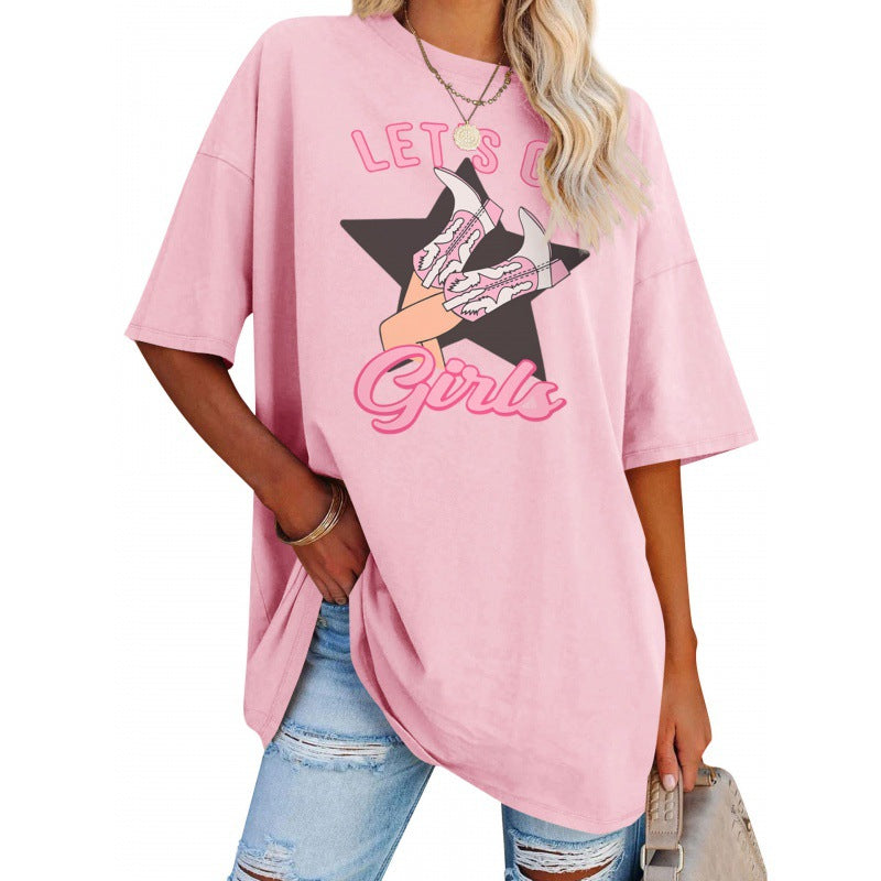 European And American Round Neck T-shirt 100 Cotton Denim Girl Boots Printing