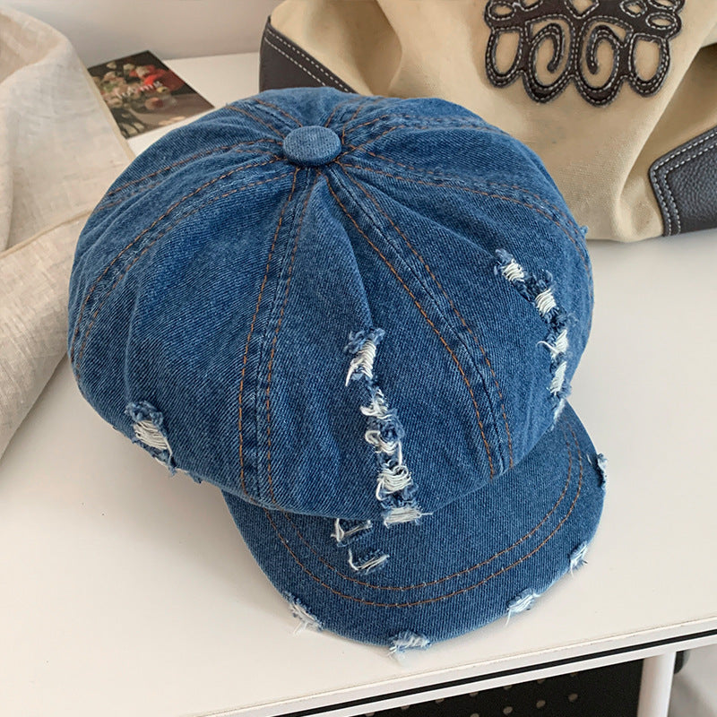 Retro Make Old Ripped Denim Beret Women
