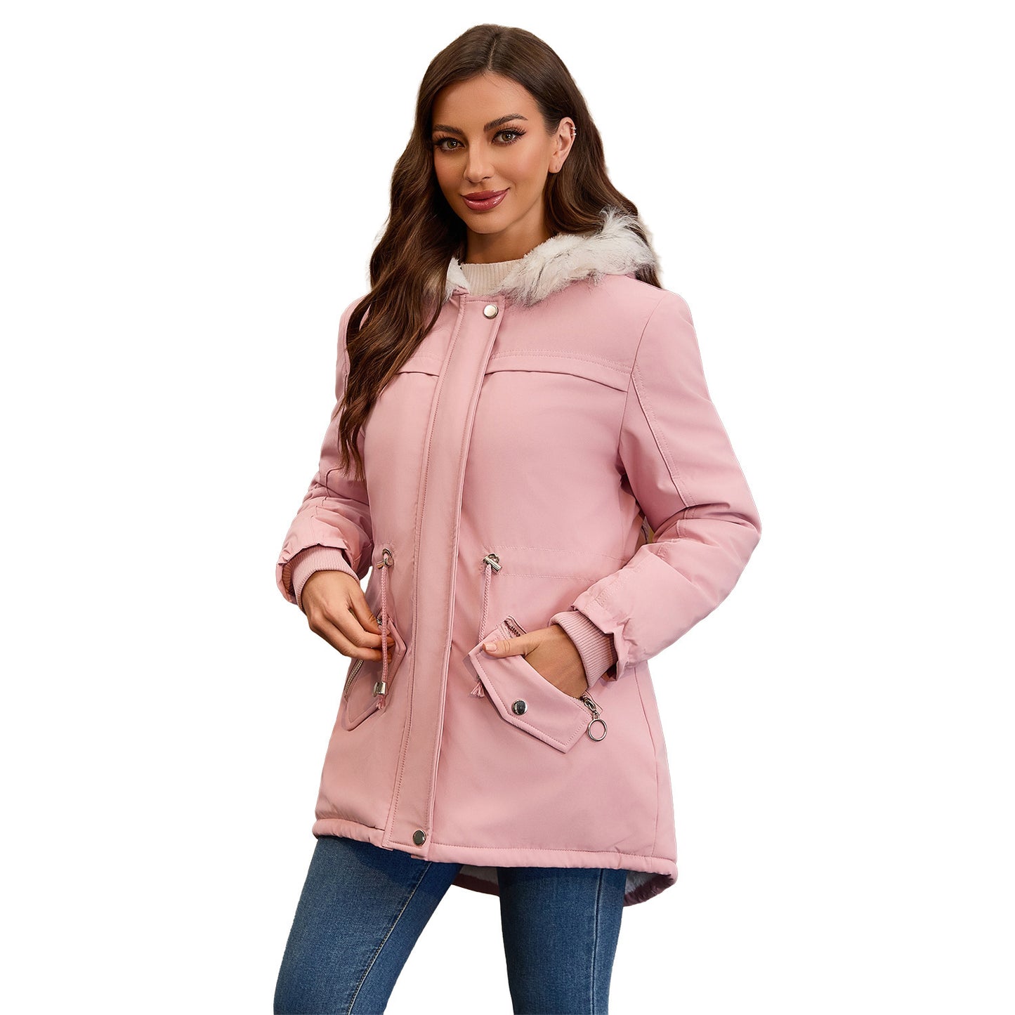 Ladies Hooded With Fur Collar Fleece Padded Coat