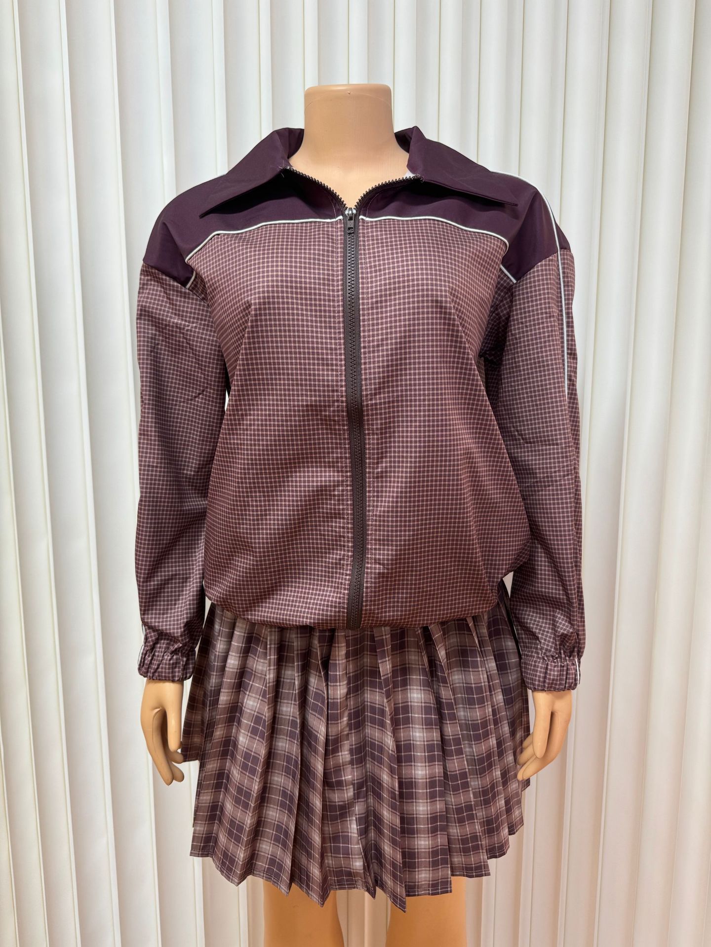 Lapel Zipper Cardigan Long-sleeved Top Sexy Skirt Two-piece Set