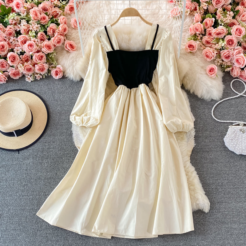 Colorblock Square Neck Puff Sleeve Midi Dress