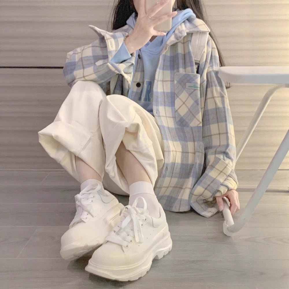 Female College Style Lazy Brushed Plaid Shirt - Eshtree
