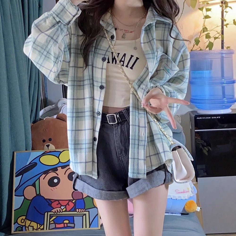 Female College Style Lazy Brushed Plaid Shirt - Eshtree
