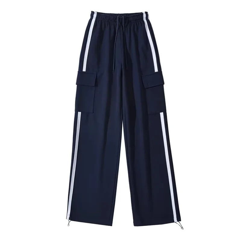 Side Stripe Stitching Women's Drawstring Pocket Casual Pants Bundle Feet