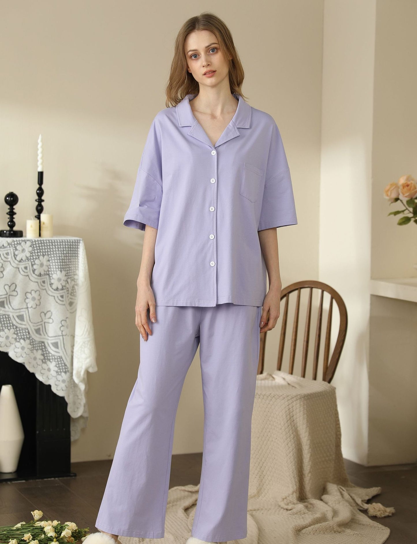 Women's Short-sleeved Solid Color Pajamas Cotton Homewear