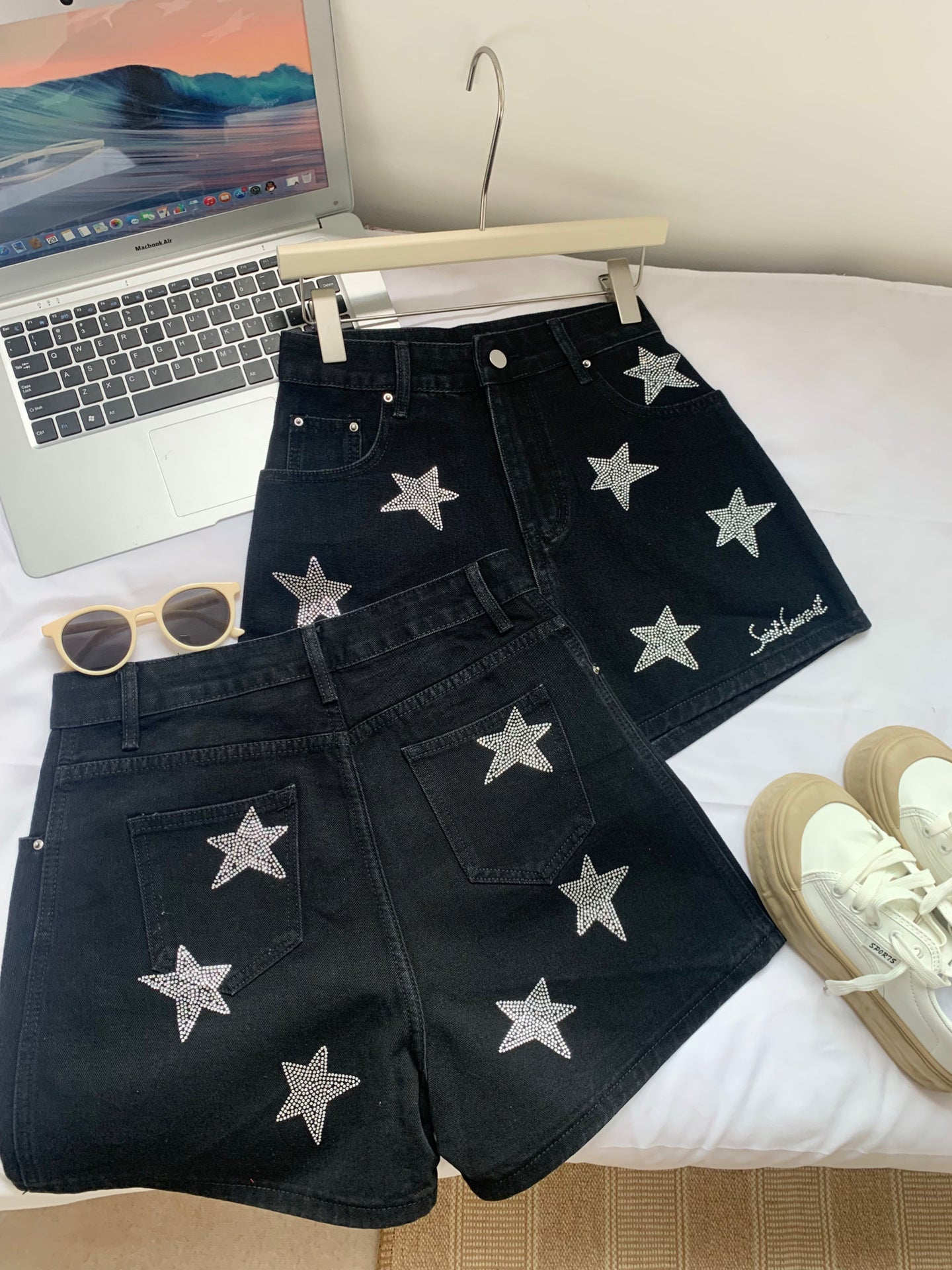 Light Luxury Silver Black Rhinestone Shorts For Women