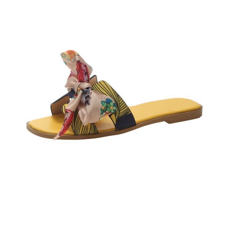 Flat Slippers With Colorful Ribbon Bow - Eshtree