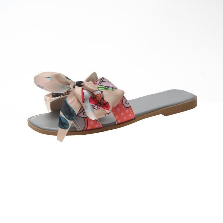Flat Slippers With Colorful Ribbon Bow - Eshtree
