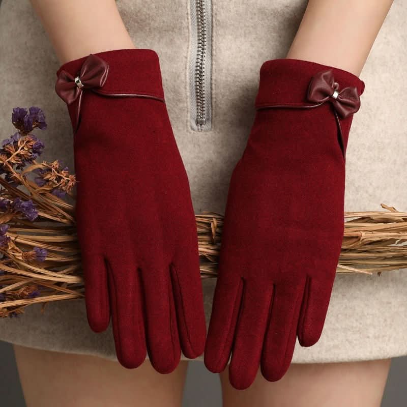 Fleece - lined De Suede Bow Gloves Touch Screen Warm Outdoor All - matching - Eshtree