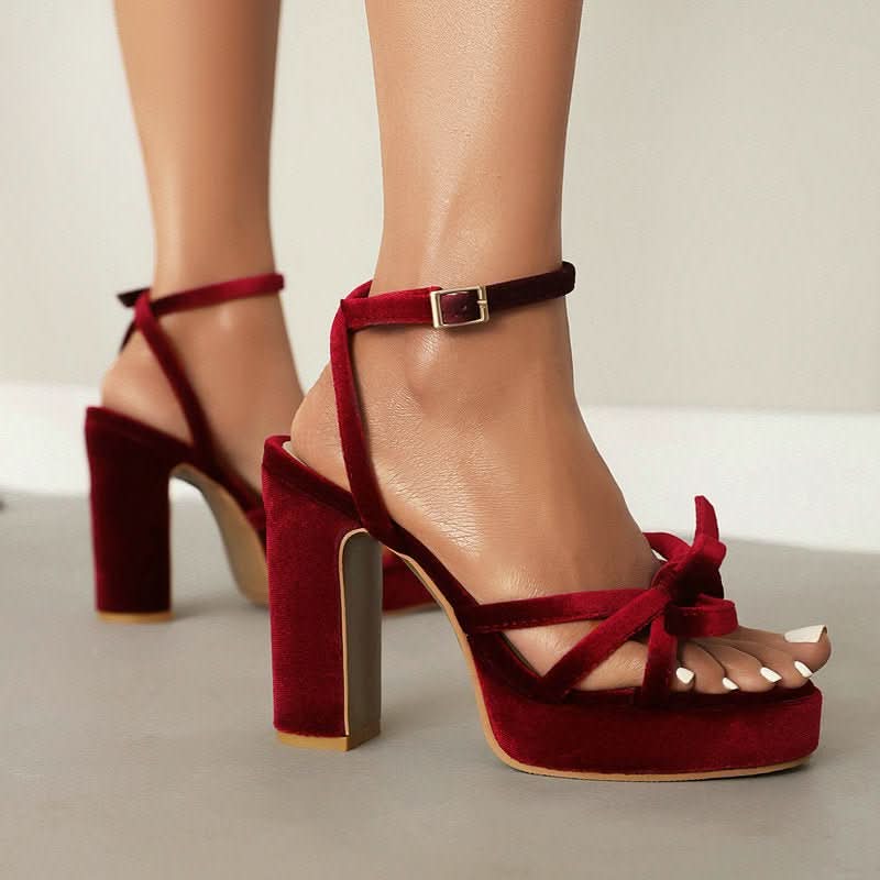 French - style Open - toe Block - heel Sandals With A Bow - cutout Strappy Design - Eshtree