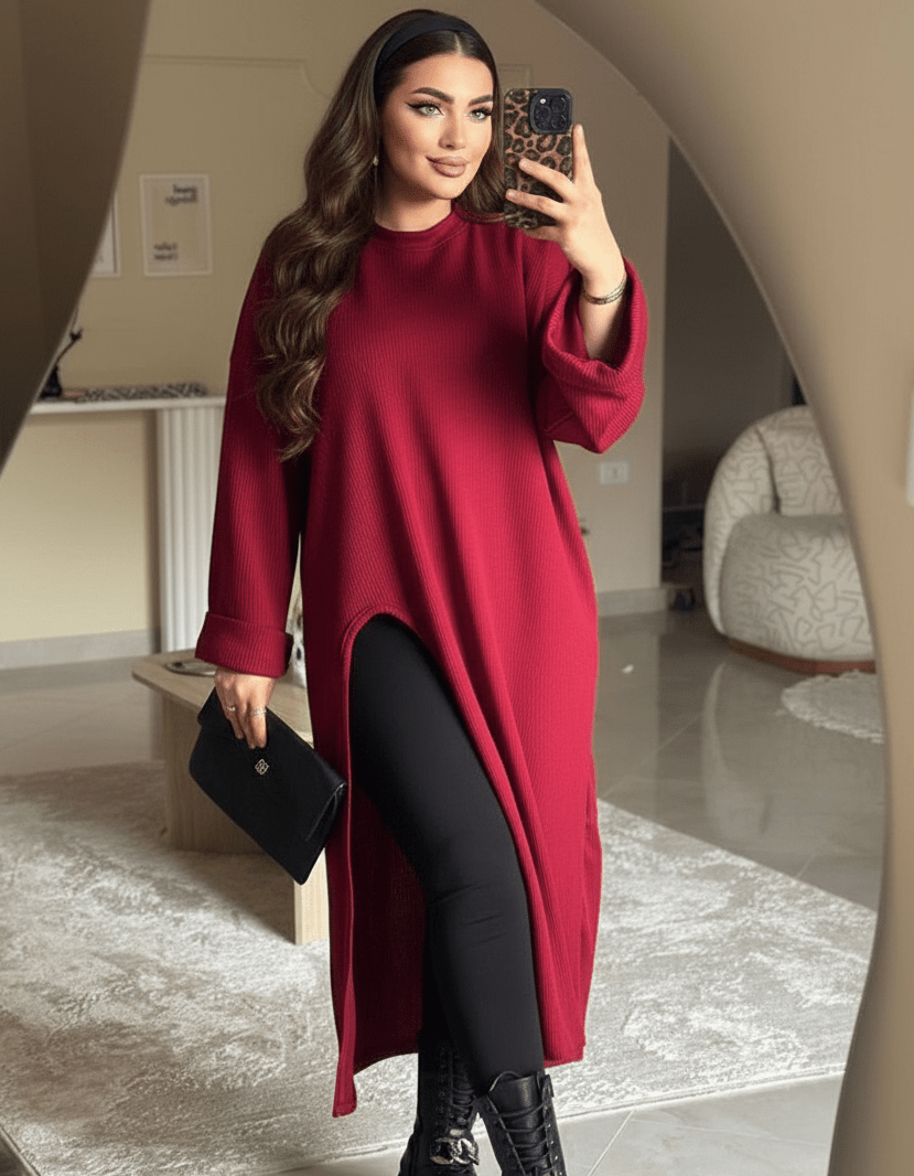 فستان حريمي خامة ريب مضلع مستورد بتصميم ميدي عصري - Eshtree