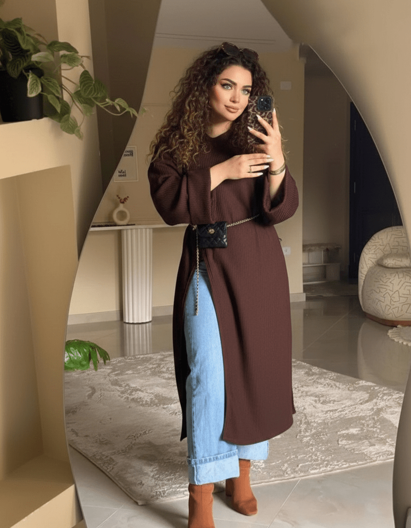 فستان حريمي خامة ريب مضلع مستورد بتصميم ميدي عصري - Eshtree