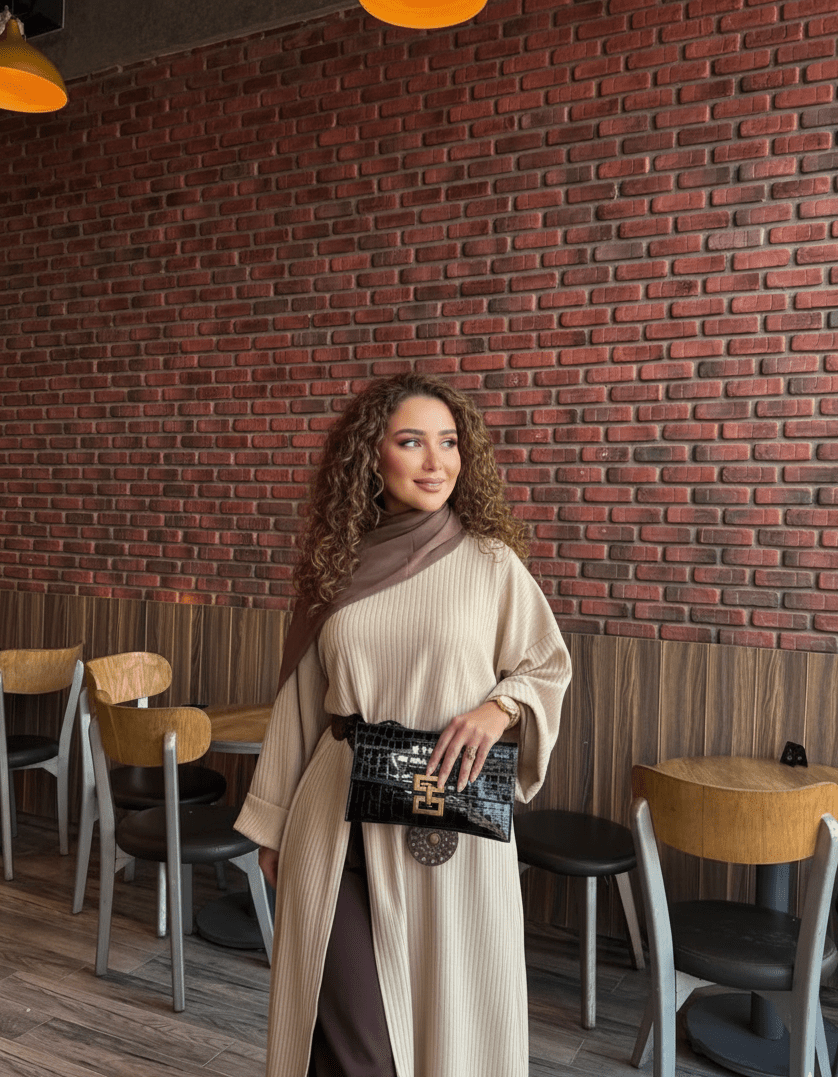 فستان حريمي خامة ريب مضلع مستورد بتصميم ميدي عصري - Eshtree