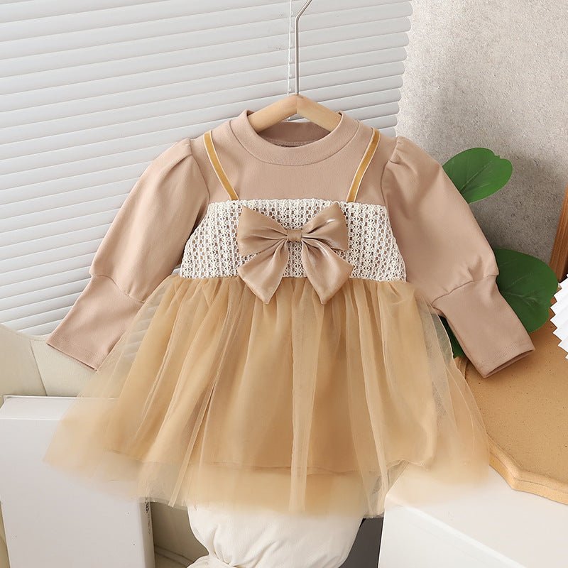 Girls Autumn Clothing Dress Puff Sleeve Bow - Eshtree