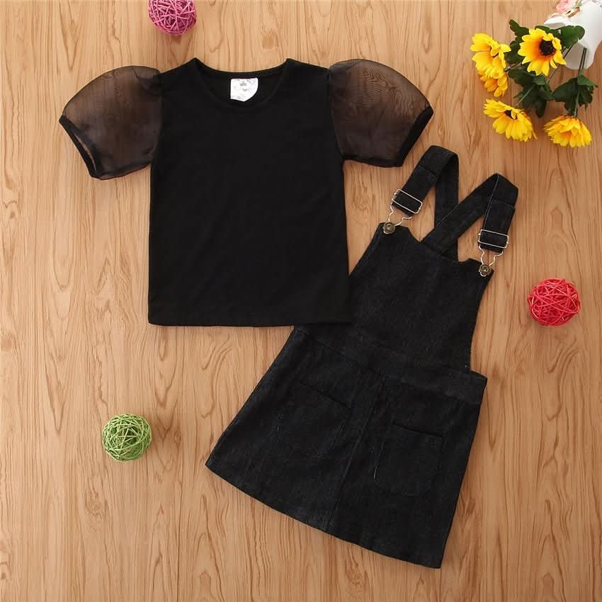 Girls' Short - sleeved Suit Puff Sleeve Black T-shirt Denim Suspender Skirt Fashionable - Eshtree