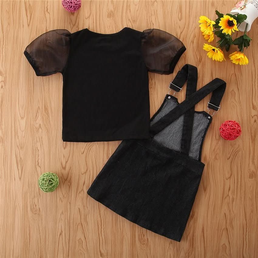 Girls' Short - sleeved Suit Puff Sleeve Black T-shirt Denim Suspender Skirt Fashionable - Eshtree