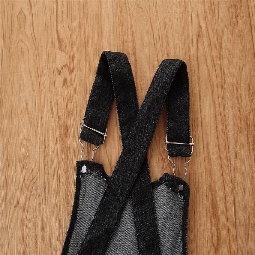 Girls' Short - sleeved Suit Puff Sleeve Black T-shirt Denim Suspender Skirt Fashionable - Eshtree