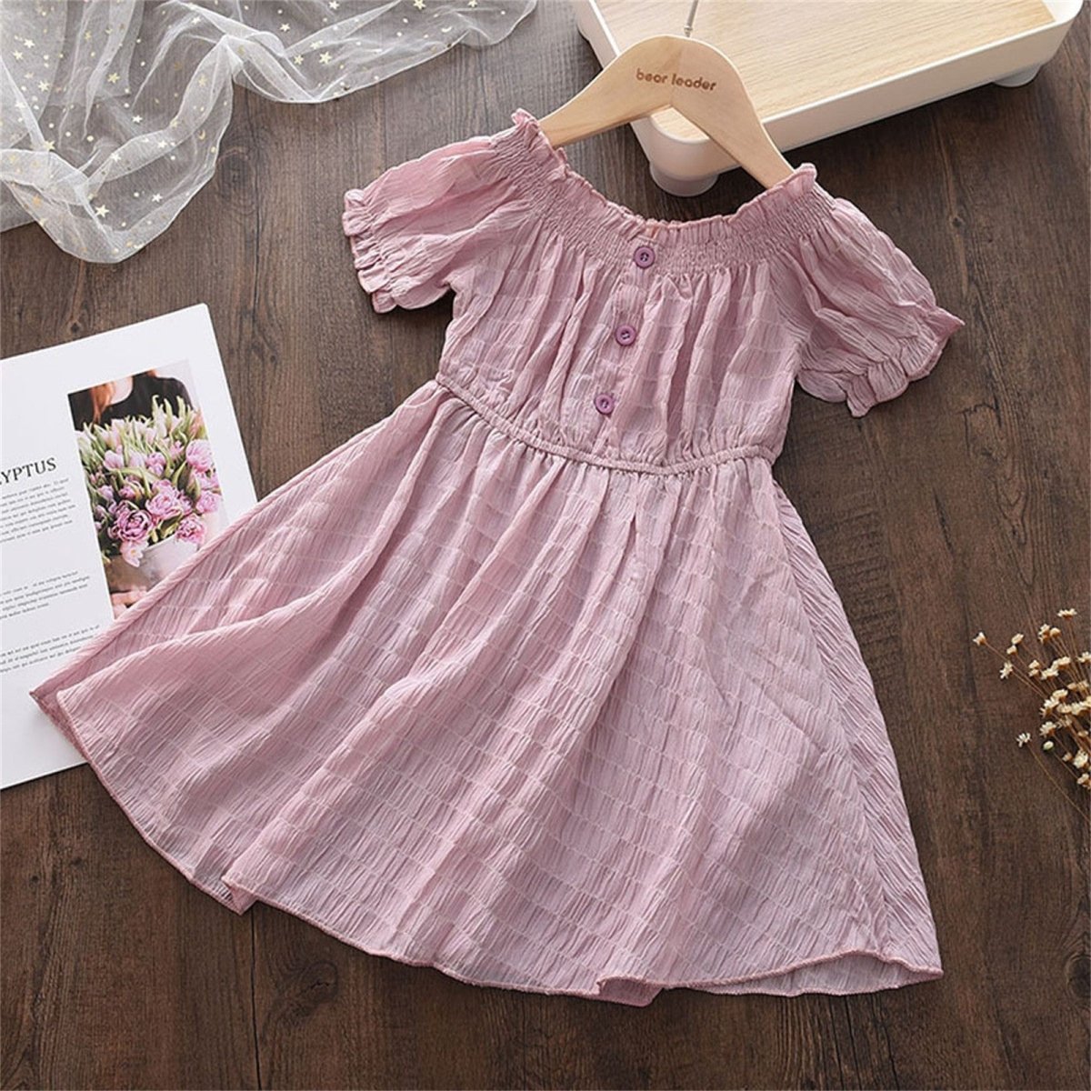 Girls' Solid Color Lace Collar Short Sleeve Chiffon Dress - Eshtree