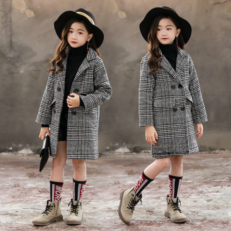 Gray plaid houndstooth coat for girls - Eshtree