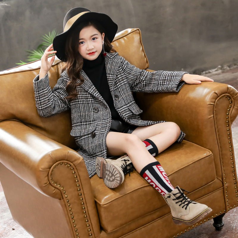 Gray plaid houndstooth coat for girls - Eshtree