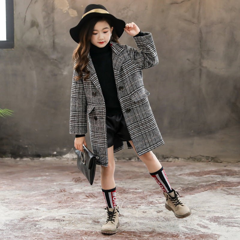 Gray plaid houndstooth coat for girls - Eshtree
