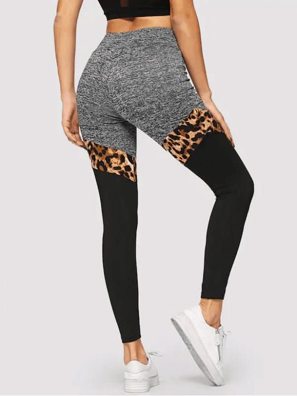 Grey And Black Plus Leopard Print Stitching Polyester Fiber Leggings - Eshtree