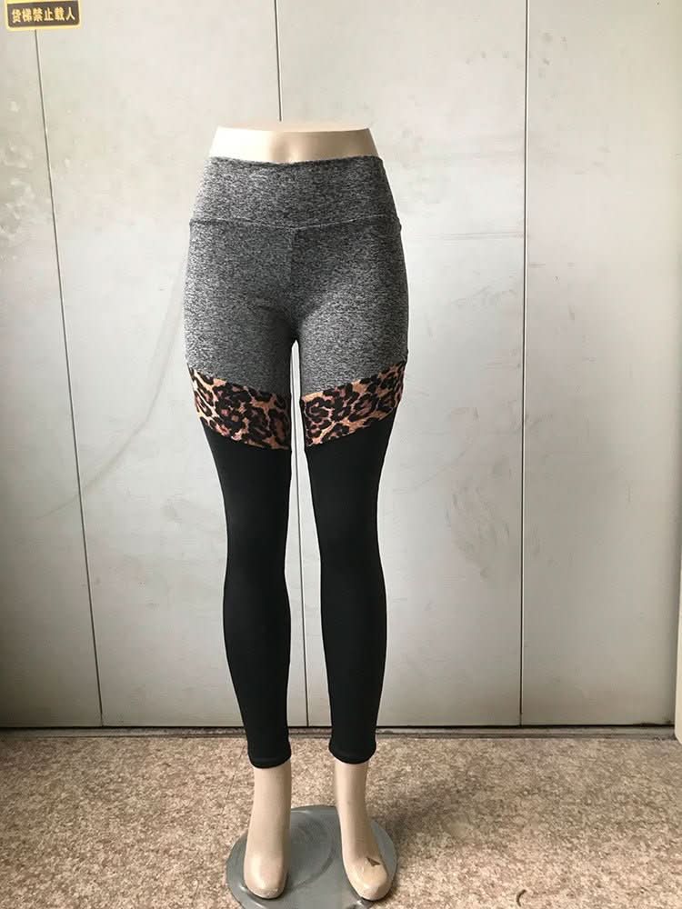 Grey And Black Plus Leopard Print Stitching Polyester Fiber Leggings - Eshtree