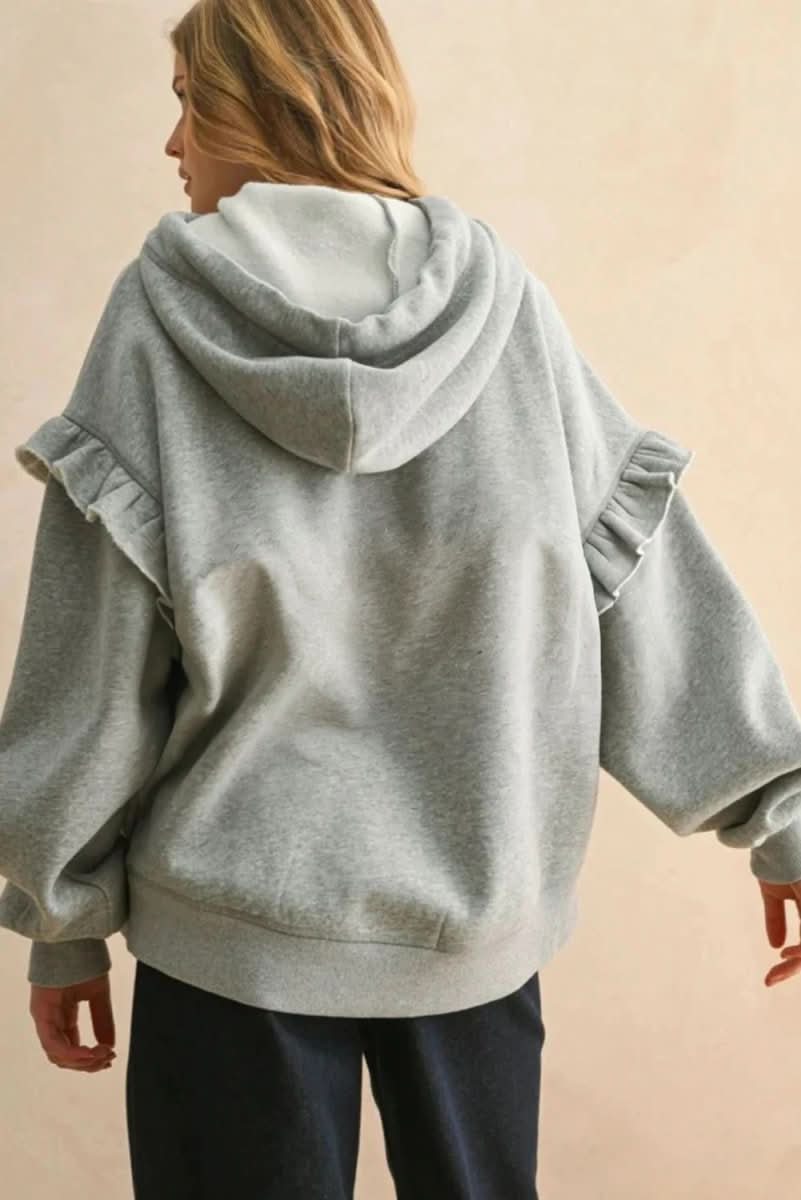 Grey Contrast Knot Drawstring Ruffled Drop - shoulder Loose Sweatshirt - Eshtree