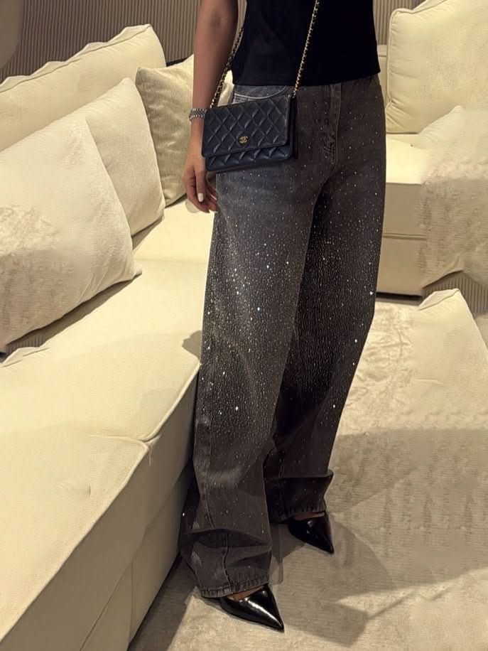 High - Waisted Wide - Leg Jeans With Sparkling Rhinestone Detailing - Eshtree