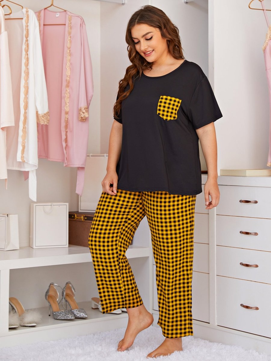 Home Service Plaid Round Neck Short - sleeved Trousers Home Suit Pajamas Women - Eshtree