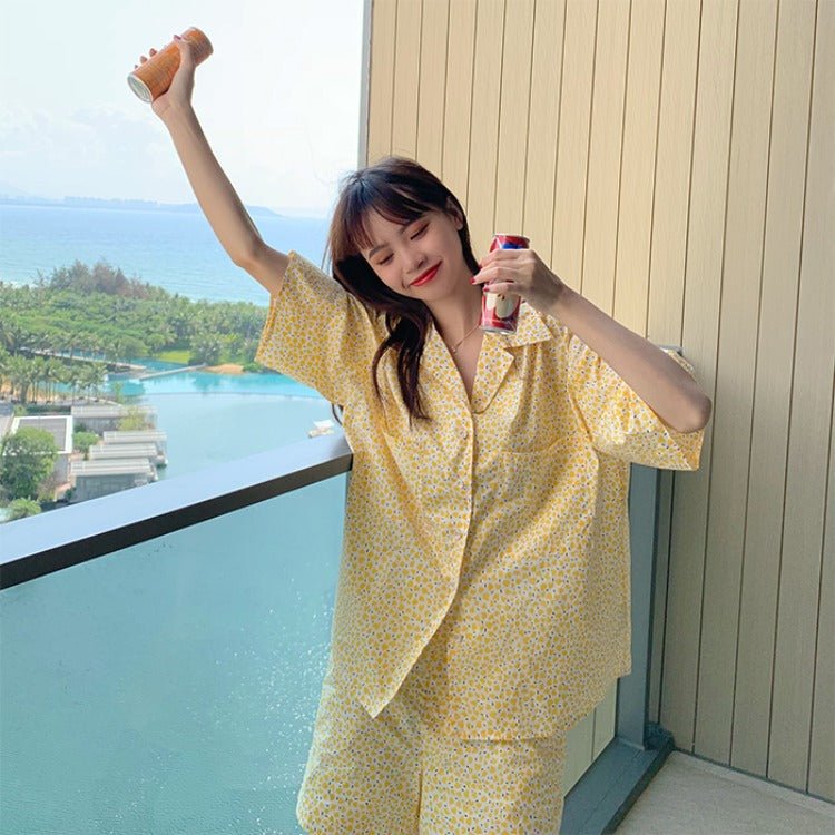 Home Suit Pajamas for Women Girls Sweet Pyjama Ensembles Short Sleeve Pijamas Bright Yellow Two Piece Set - Eshtree