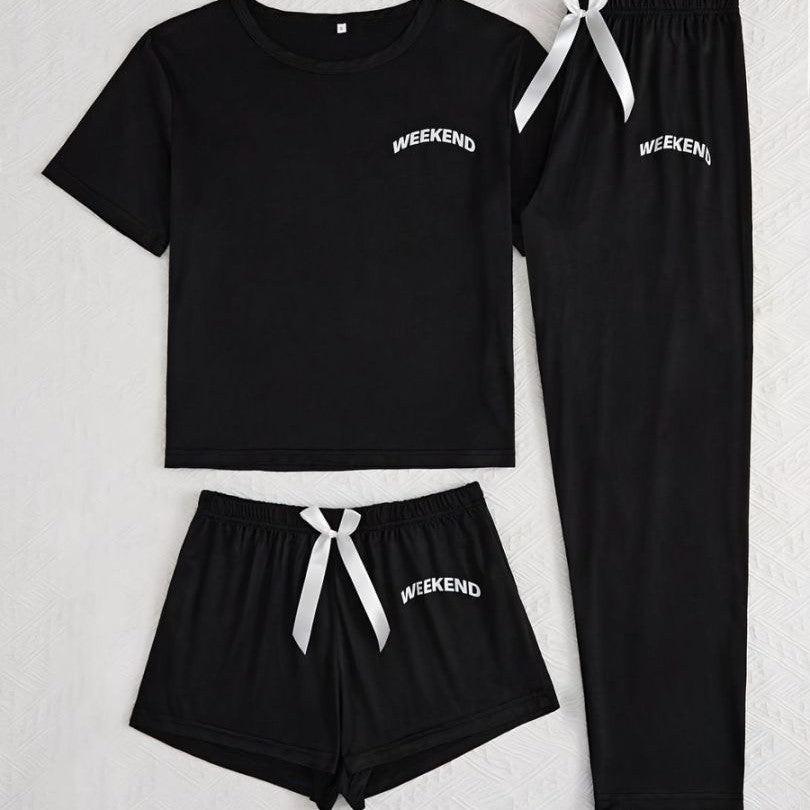 Homewear Pajamas For Women Lettered Black Three - piece Suit - Eshtree