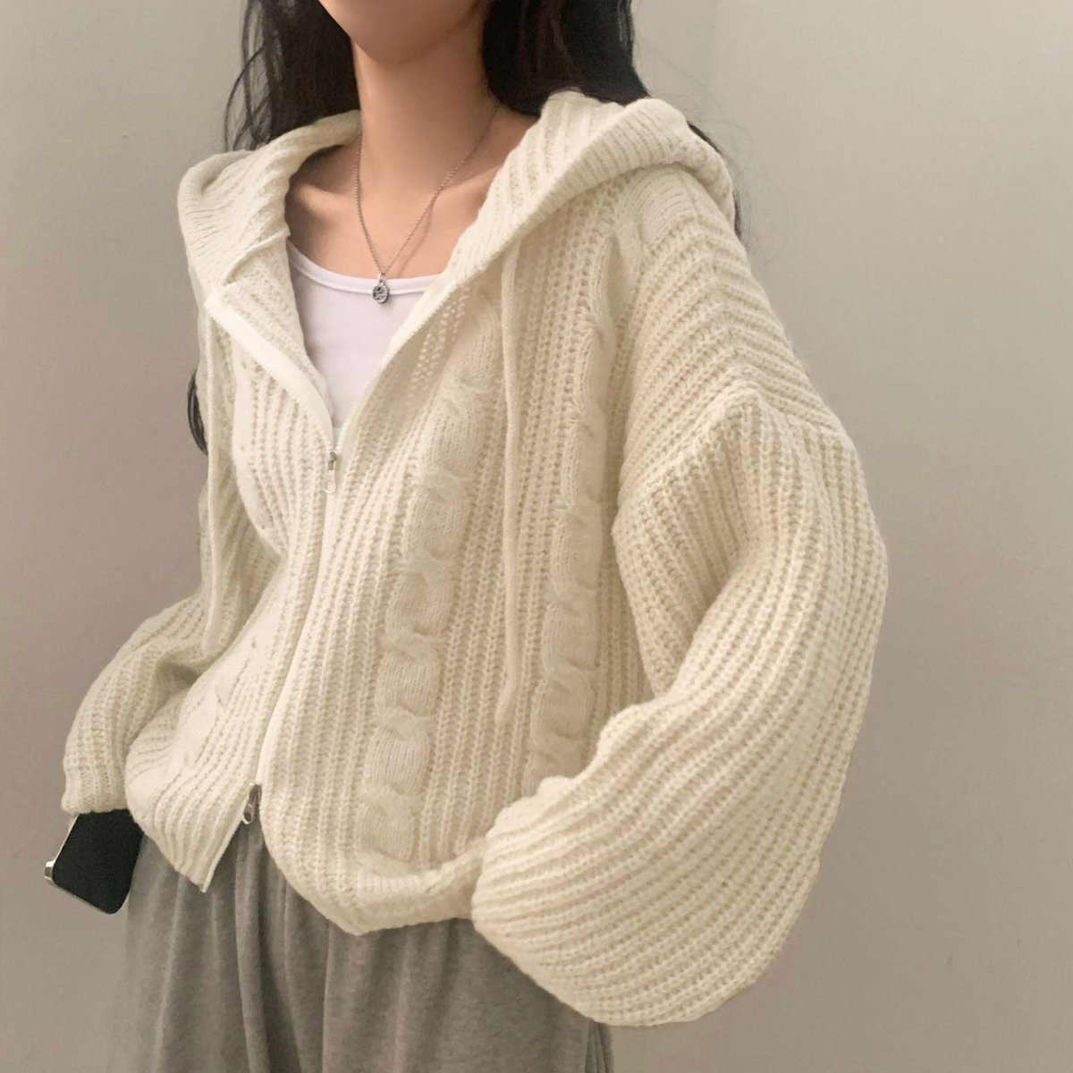 Hooded Long Sleeve Knitted Sweater Cardigan Coat Women - Eshtree