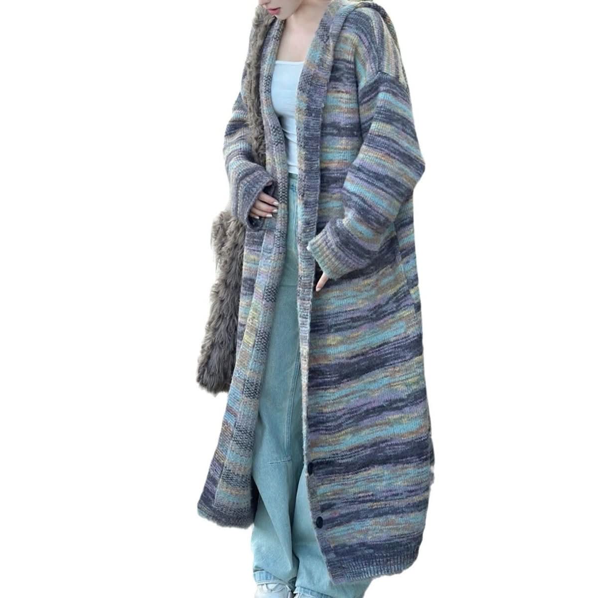 Hooded Striped Sweater Coat Idle Style Long Knitted Cardigan - Eshtree