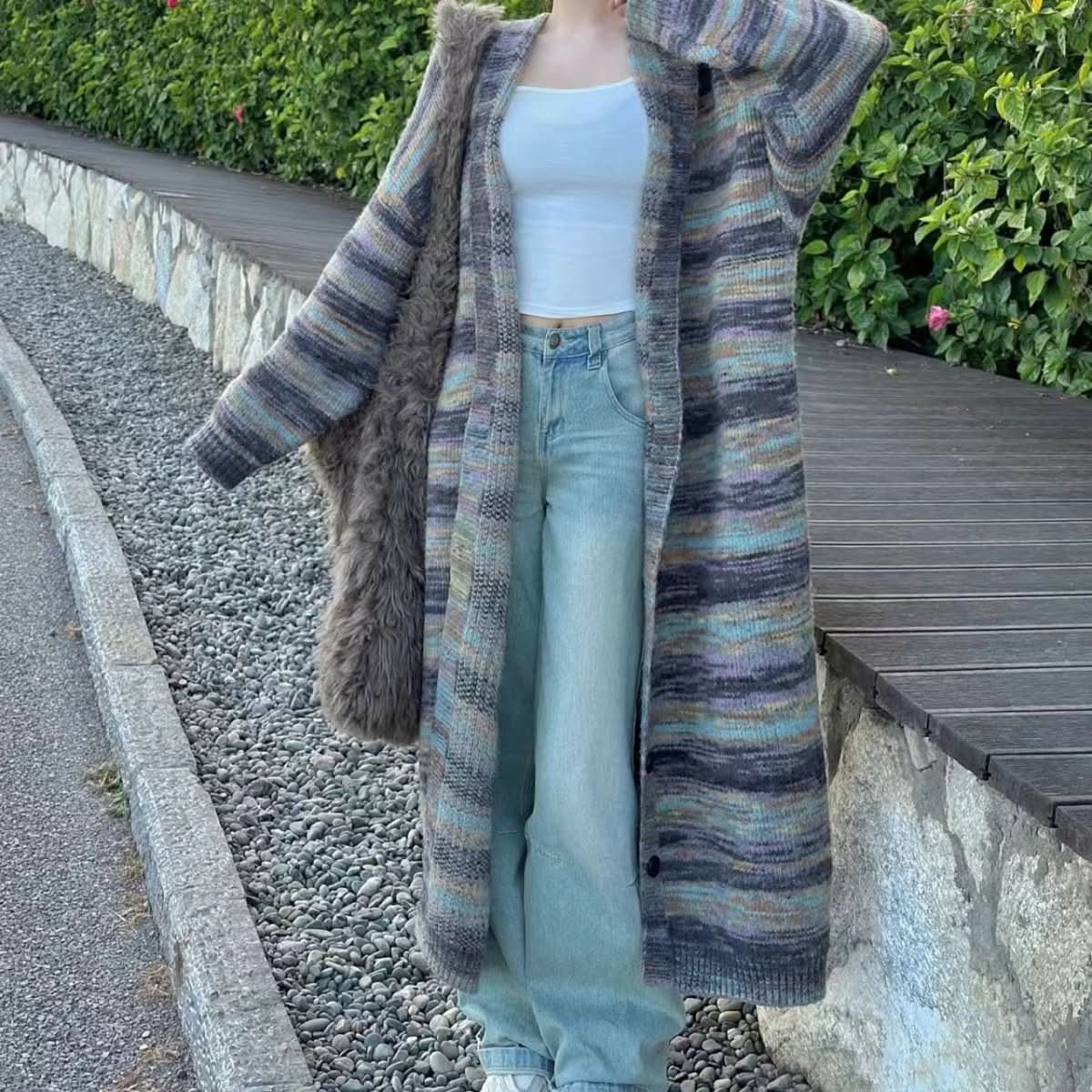 Hooded Striped Sweater Coat Idle Style Long Knitted Cardigan - Eshtree