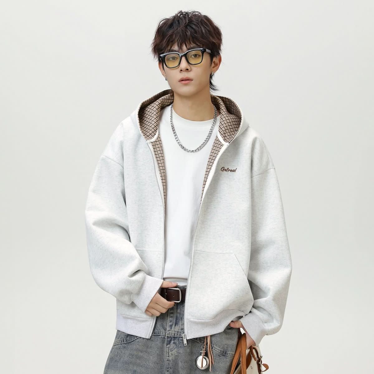 Houndstooth Contrast Color Inner Hooded Sweater Men's Autumn - Eshtree