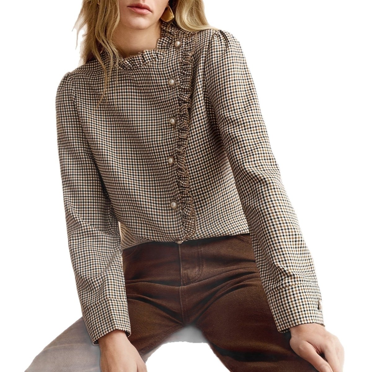 Houndstooth Ruffled Small Stand - up Collar Side - button - front Shirt - Eshtree